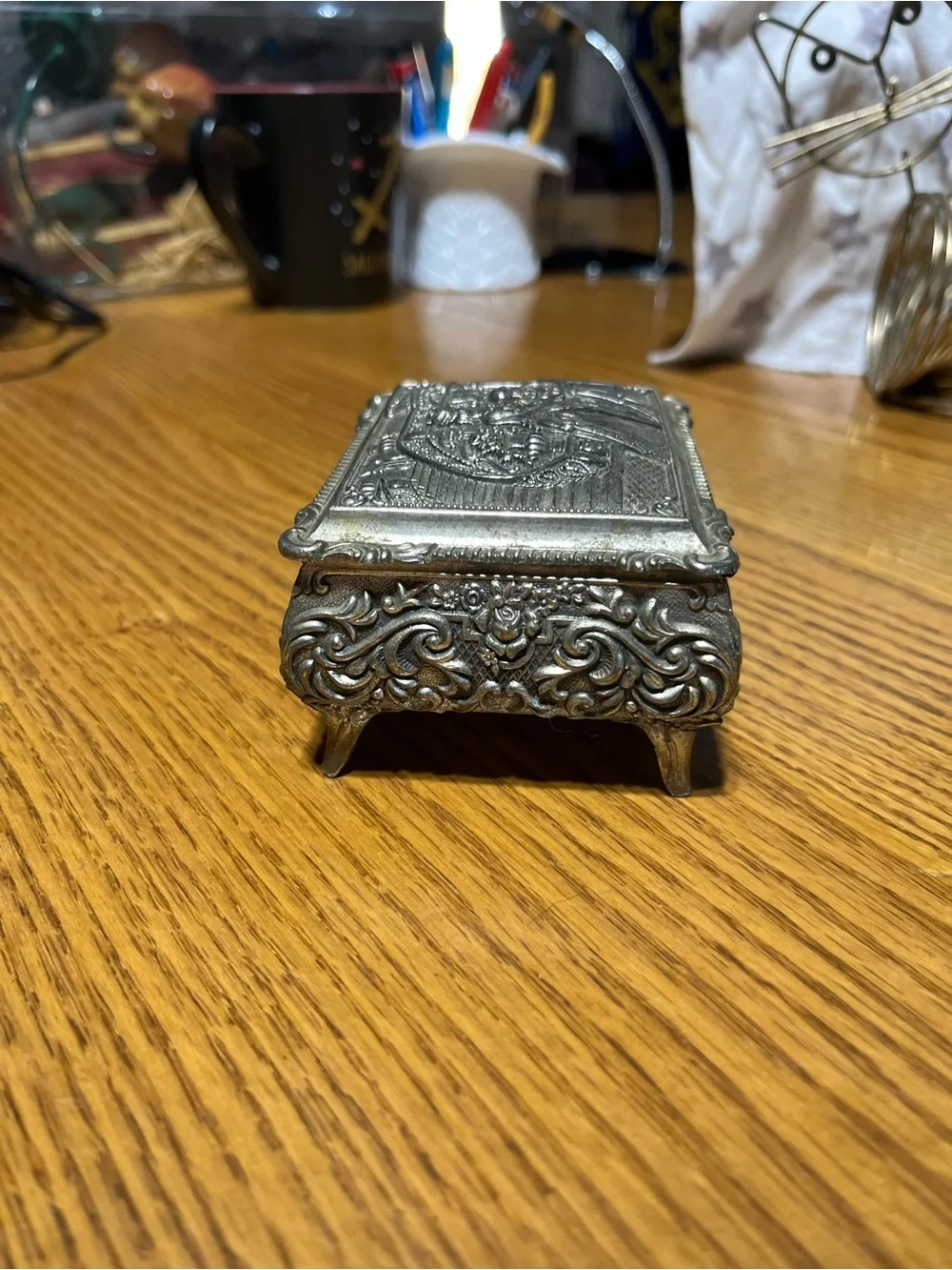 Ornate Silver-Tone Decorative Jewelry Box